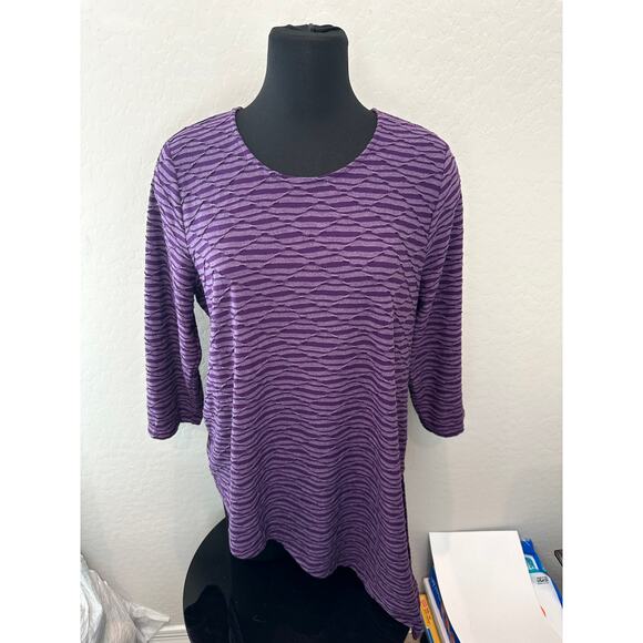 CHICO’S | Purple Knit Textured Stripes 3/4 Sleeve Asymmetrical Tunic Top | Large - Picture 2 of 8